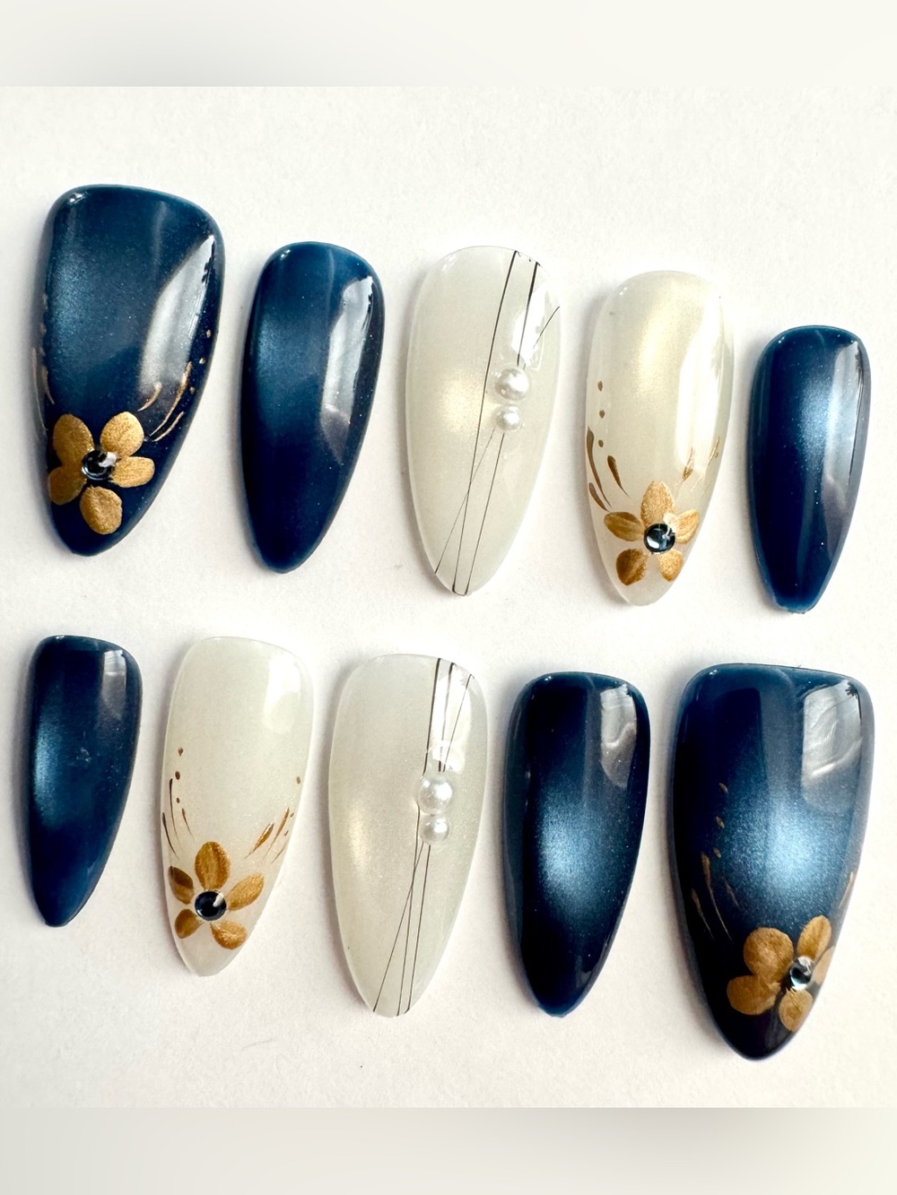Navy Blue and Pearl White Press-On Nails